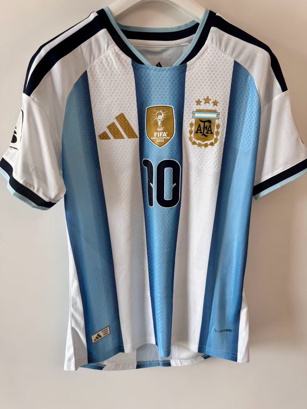 adidas Argentina-style Striped Soccer Jersey — Light Blue, White, Gold